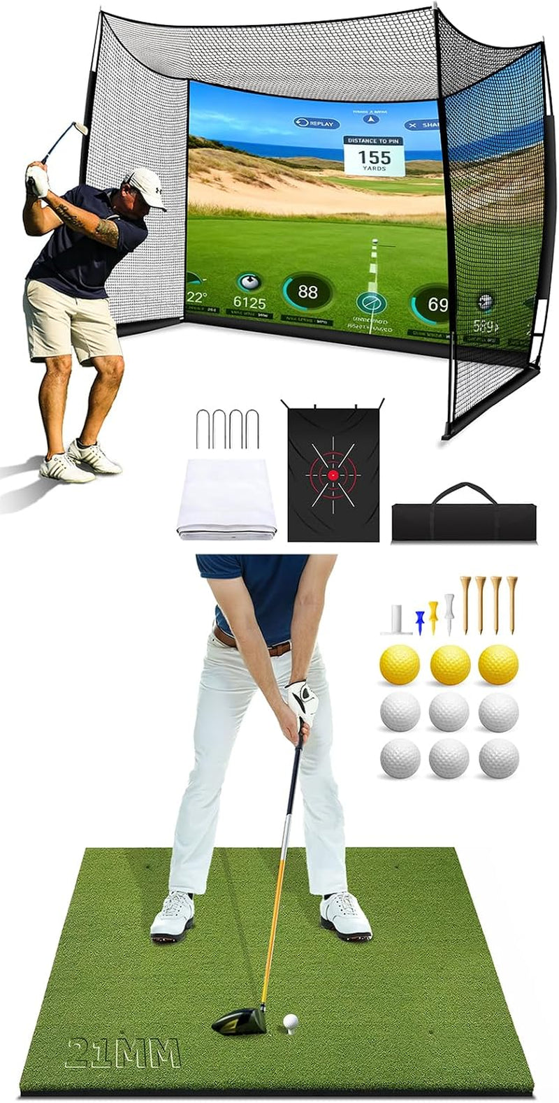 21Mm Golf Mat + Golf Simulator Net 11X8Ft, All-In-One Golf Net and Golf Mat Setup