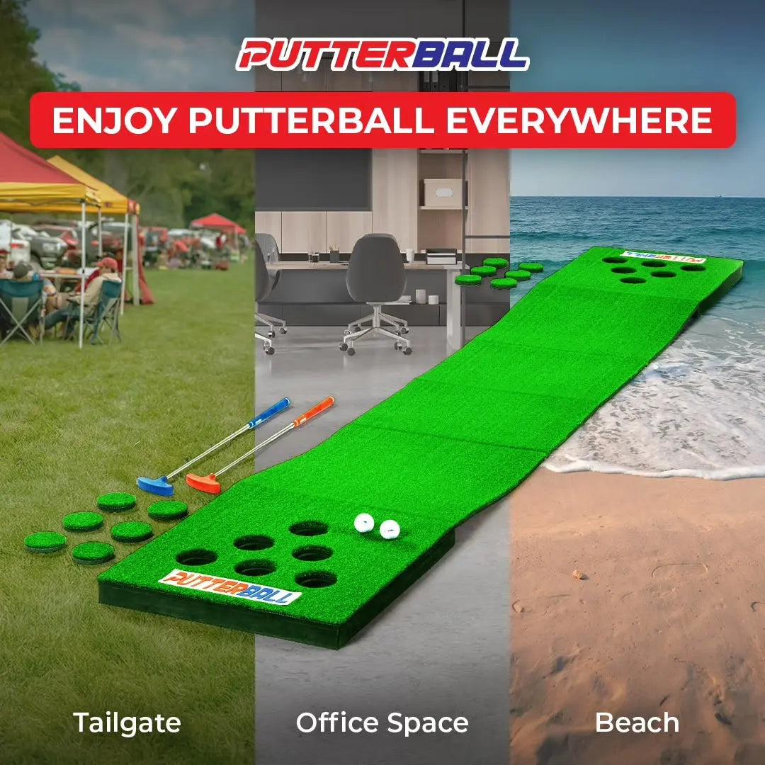 Putterball Golf Game - the Original Backyard Pong Golf Game with Portable Putting Green, Two Golf Balls, Two Putters, and 12 Turf Hole Covers for Lefty and Righty Players