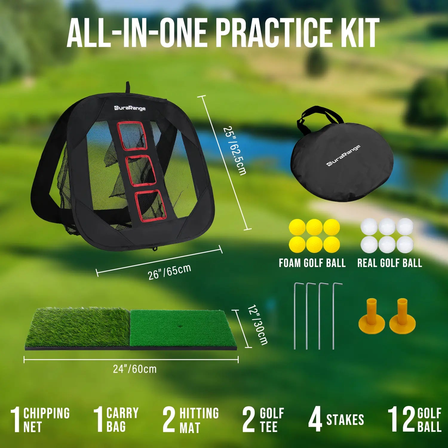 Durarange Foldable Golf Chipping Net Set - Target Training Chip Aids & Golf Gift - Includes 2 Hitting Mats, 6 Real Practice Balls, 6 Foam Balls,Home Golf
