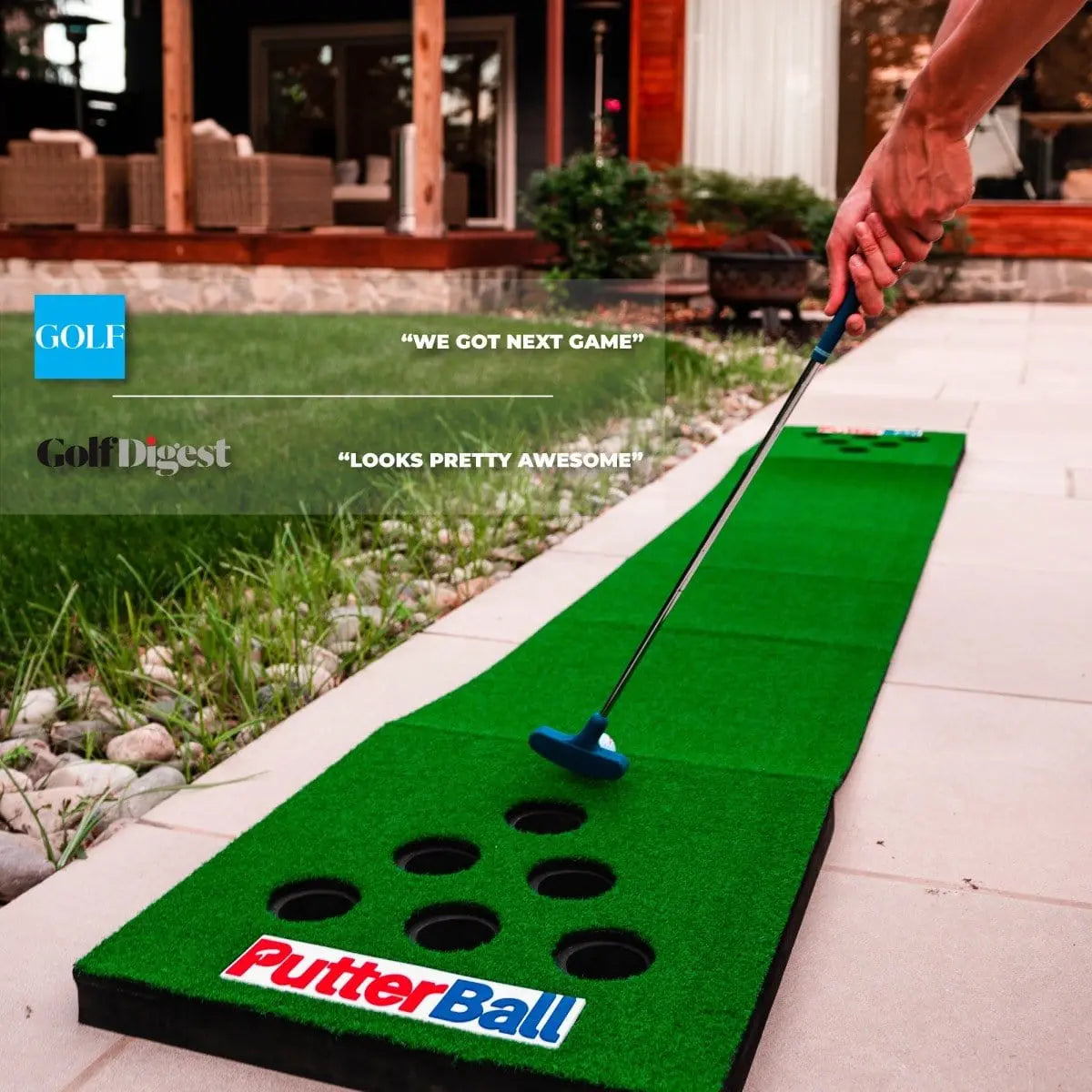 Putterball Golf Game - the Original Backyard Pong Golf Game with Portable Putting Green, Two Golf Balls, Two Putters, and 12 Turf Hole Covers for Lefty and Righty Players
