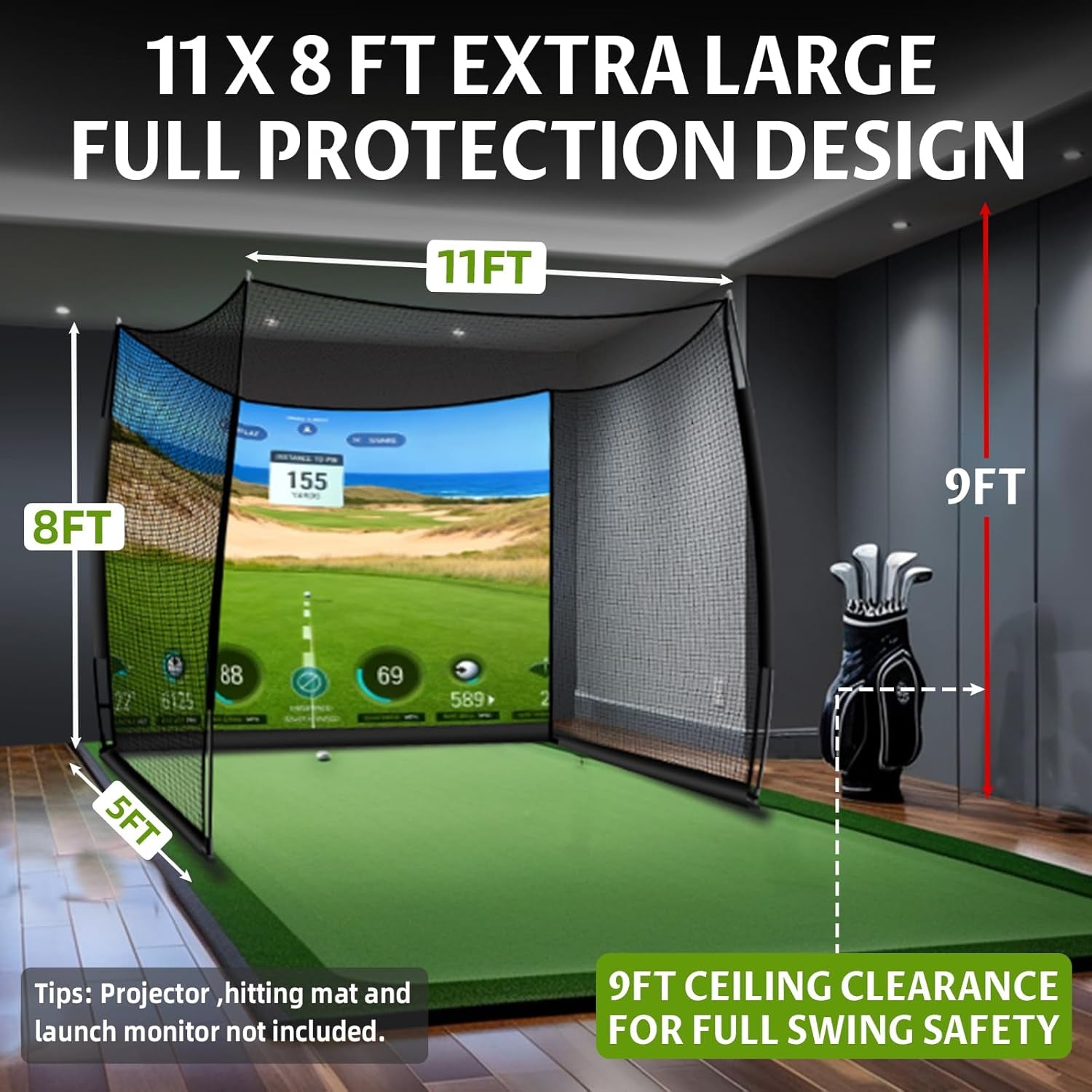 21Mm Golf Mat + Golf Simulator Net 11X8Ft, All-In-One Golf Net and Golf Mat Setup