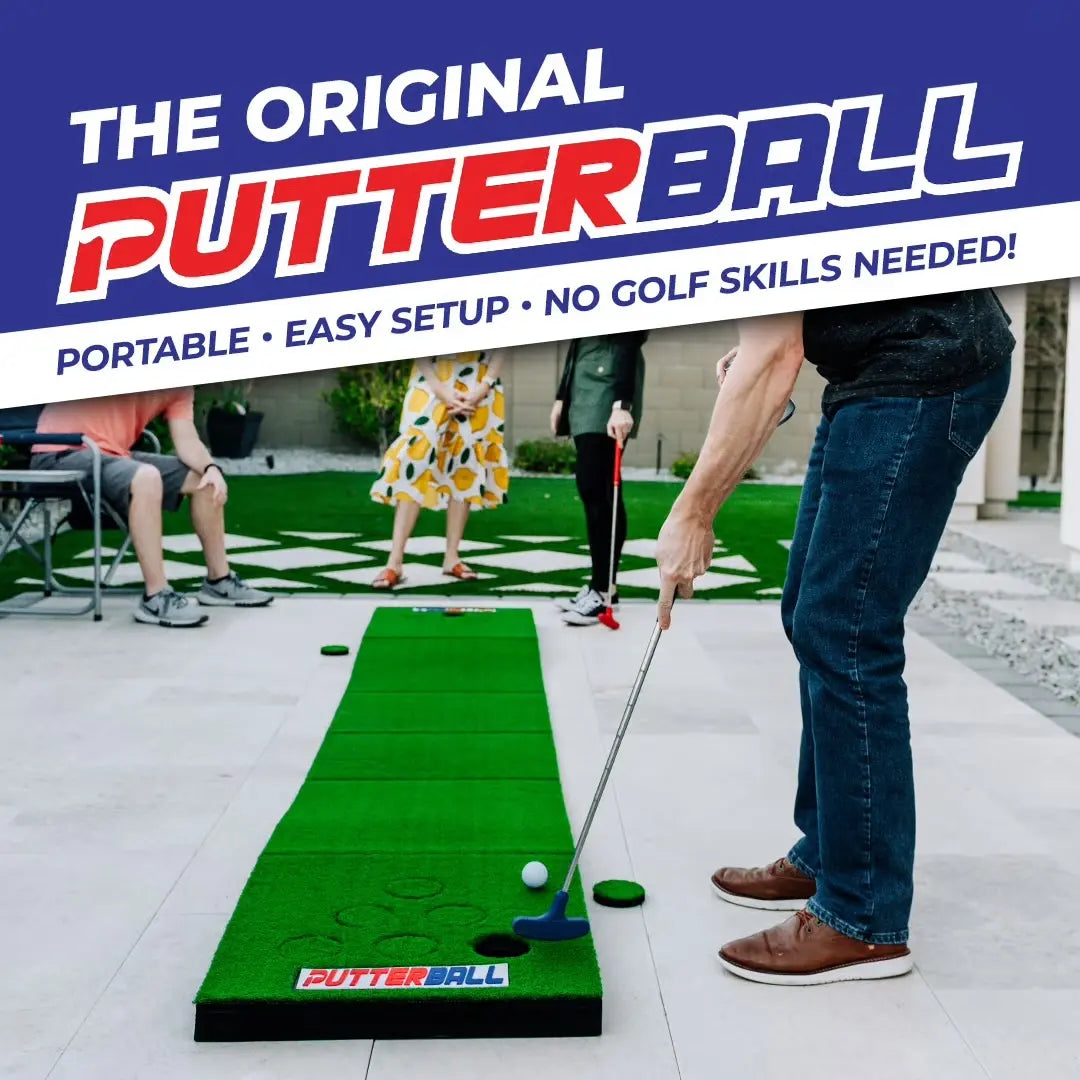 Putterball Golf Game - the Original Backyard Pong Golf Game with Portable Putting Green, Two Golf Balls, Two Putters, and 12 Turf Hole Covers for Lefty and Righty Players