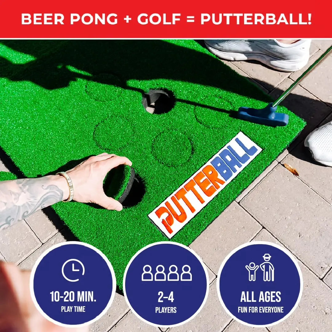 Putterball Golf Game - the Original Backyard Pong Golf Game with Portable Putting Green, Two Golf Balls, Two Putters, and 12 Turf Hole Covers for Lefty and Righty Players