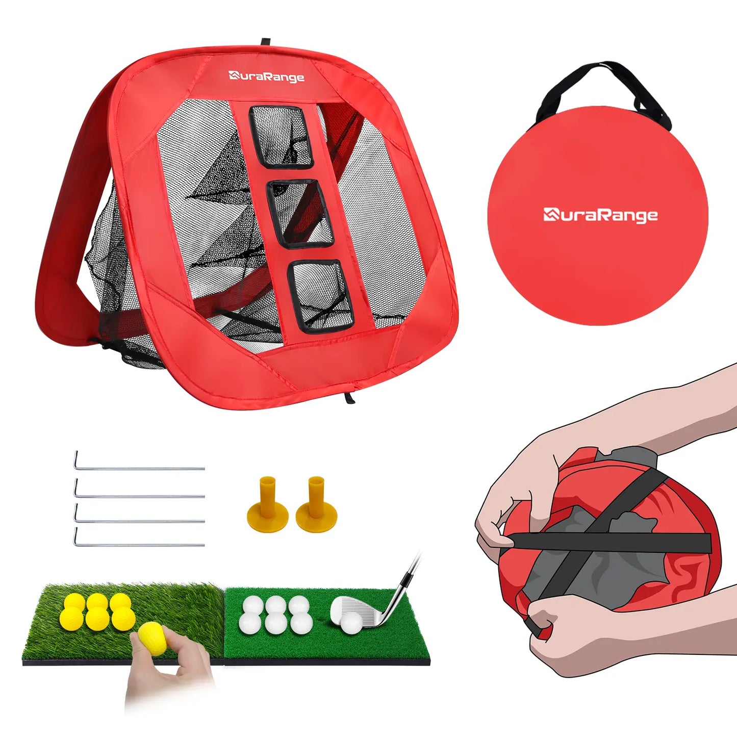 Durarange Foldable Golf Chipping Net Set - Target Training Chip Aids & Golf Gift - Includes 2 Hitting Mats, 6 Real Practice Balls, 6 Foam Balls,Home Golf