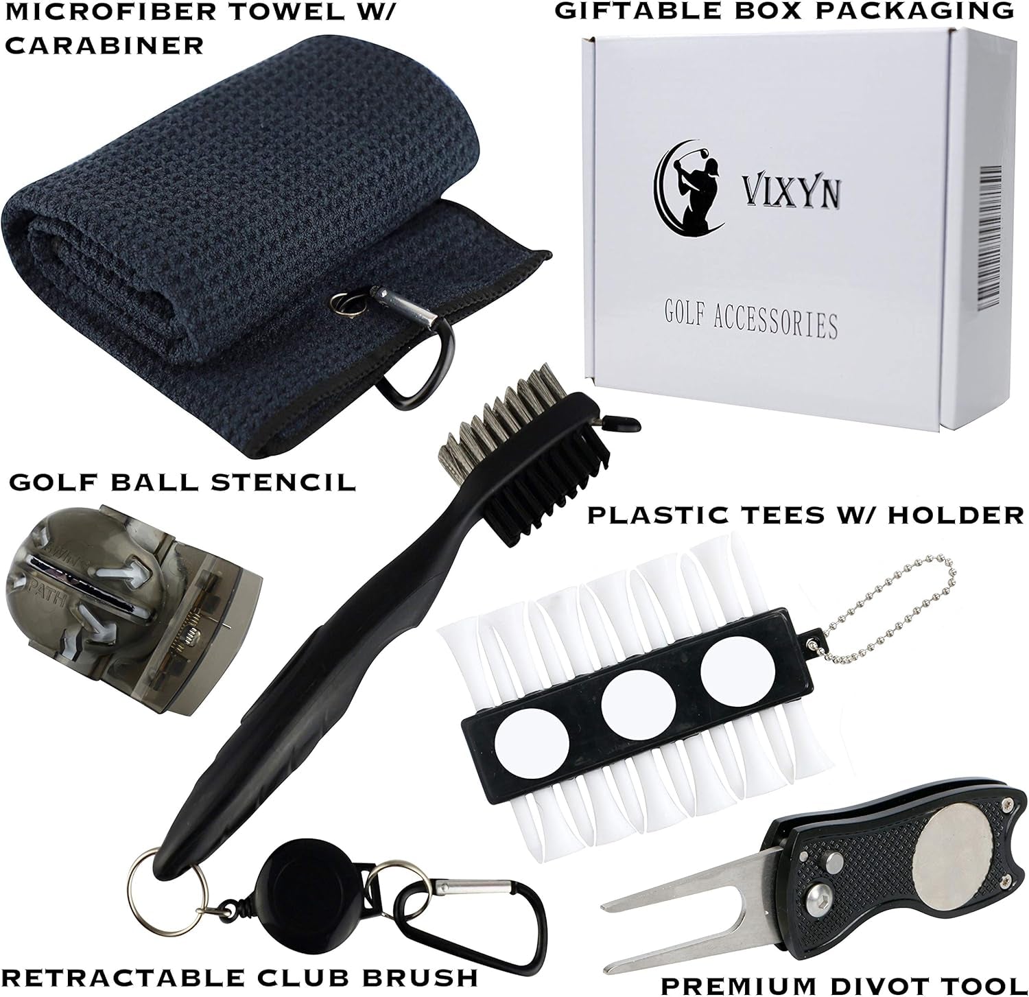 Golf Accessories Gift Set - Golf Towel, Golf Club Brush with Groove Cleaner, Foldable Divot Repair Tool with Ball Marker, Golf Ball Marker and Golf Tee Holder - Golf Club Cleaning Kit