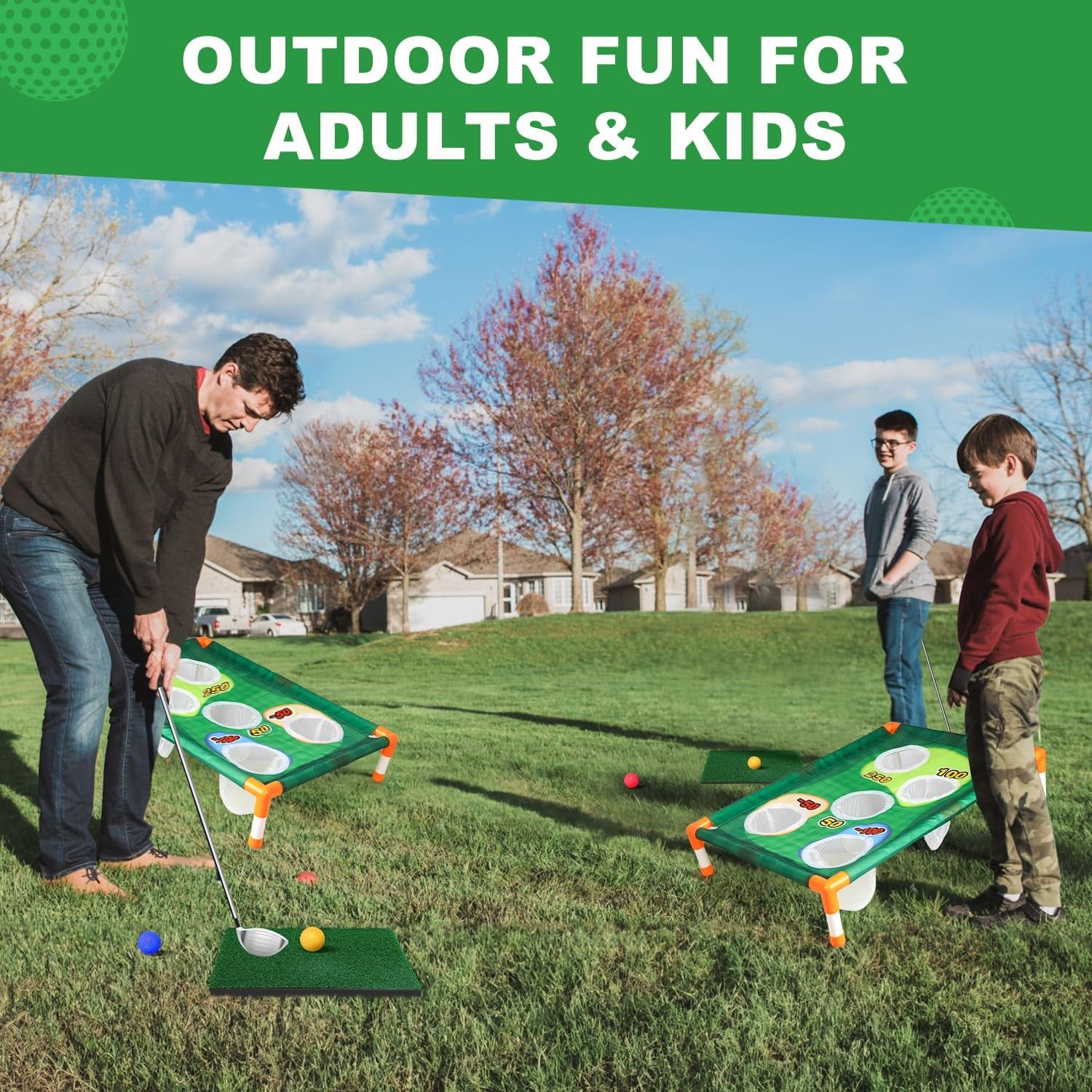 Golf Cornhole Game Golf Corn Hole Set Chipping Golf Game Adults Kids Backyard Golf Game Golf Yard Corn Hole Game Golf Training Equipment Chipping Outdoor Indoor Golf (NO Club Included)