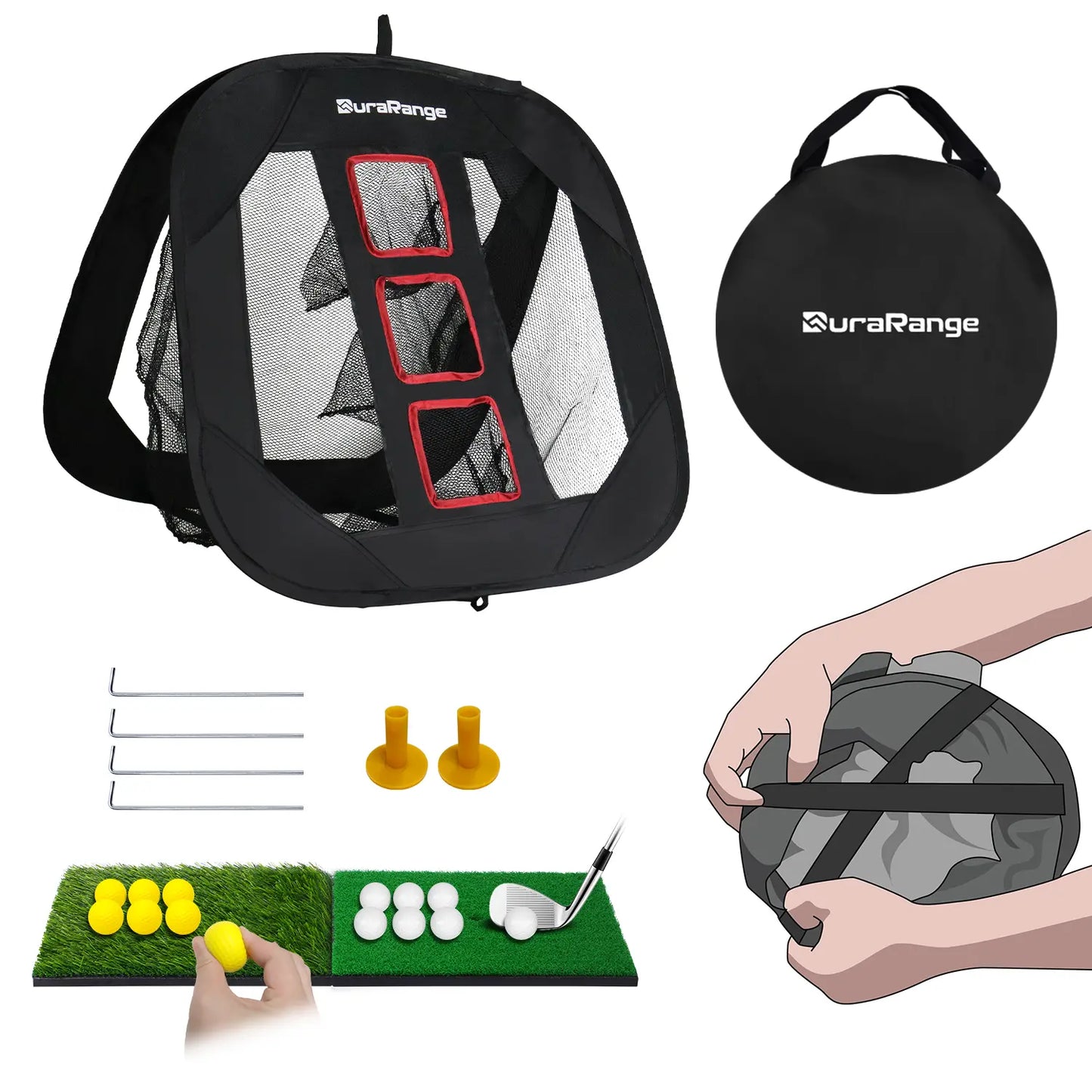 Durarange Foldable Golf Chipping Net Set - Target Training Chip Aids & Golf Gift - Includes 2 Hitting Mats, 6 Real Practice Balls, 6 Foam Balls,Home Golf