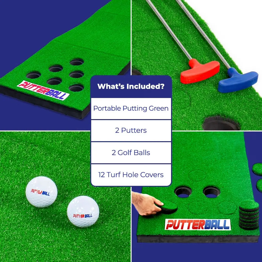 Putterball Golf Game - the Original Backyard Pong Golf Game with Portable Putting Green, Two Golf Balls, Two Putters, and 12 Turf Hole Covers for Lefty and Righty Players